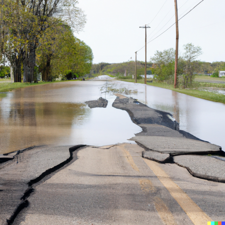 route détruite par une inondation