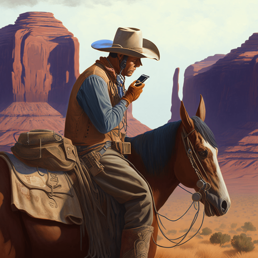 cowboy à Monument Valley en train de téléphoner sur son cheval
