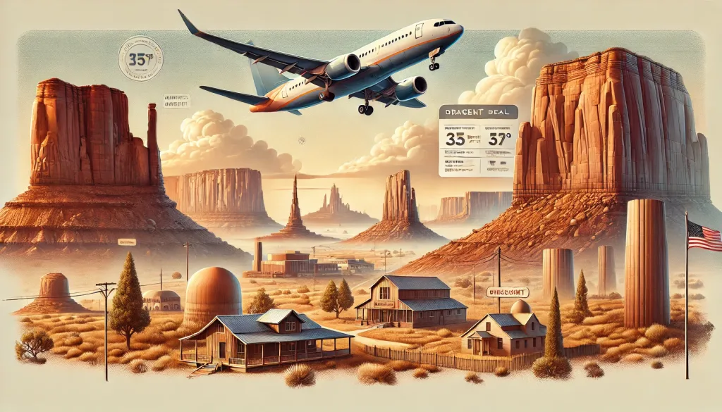 dessin d'un avion et des paysages emblématiques de l'Ouest