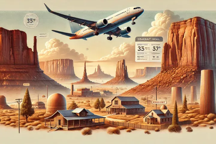 dessin d'un avion et des paysages emblématiques de l'Ouest